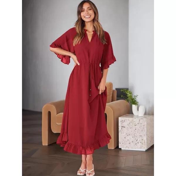 imageANRABESS Womens Summer Ruffle Maxi Dress Floral Print 34 Bell Sleeve V Neck High Waist Flowy Boho Long DressRed
