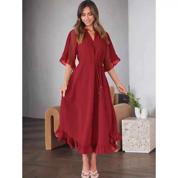 imageANRABESS Womens Summer Ruffle Maxi Dress Floral Print 34 Bell Sleeve V Neck High Waist Flowy Boho Long DressRed