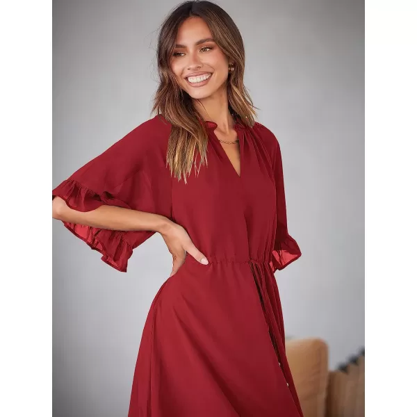 imageANRABESS Womens Summer Ruffle Maxi Dress Floral Print 34 Bell Sleeve V Neck High Waist Flowy Boho Long DressRed