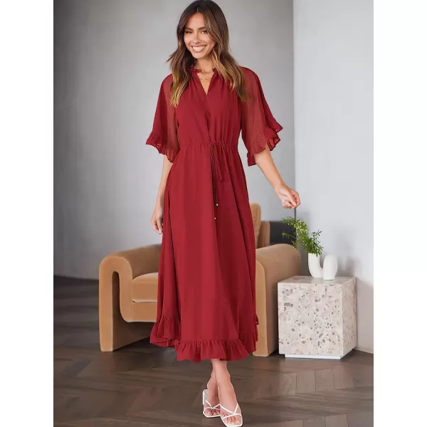imageANRABESS Womens Summer Ruffle Maxi Dress Floral Print 34 Bell Sleeve V Neck High Waist Flowy Boho Long DressRed