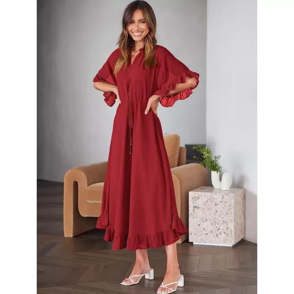 imageANRABESS Womens Summer Ruffle Maxi Dress Floral Print 34 Bell Sleeve V Neck High Waist Flowy Boho Long DressRed