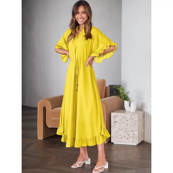 imageANRABESS Womens Summer Ruffle Maxi Dress Floral Print 34 Bell Sleeve V Neck High Waist Flowy Boho Long DressYellow