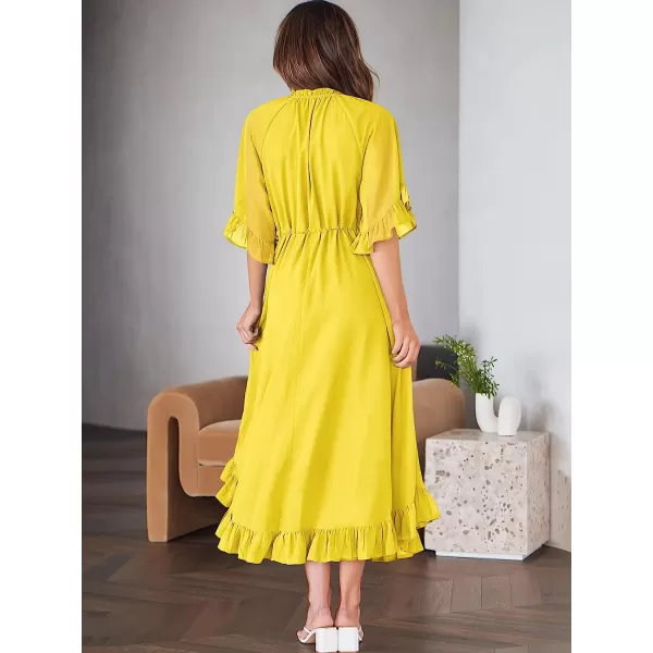 imageANRABESS Womens Summer Ruffle Maxi Dress Floral Print 34 Bell Sleeve V Neck High Waist Flowy Boho Long DressYellow