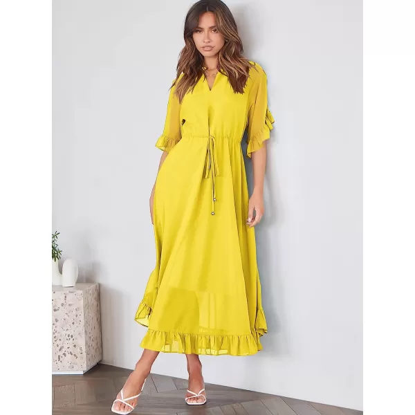 imageANRABESS Womens Summer Ruffle Maxi Dress Floral Print 34 Bell Sleeve V Neck High Waist Flowy Boho Long DressYellow