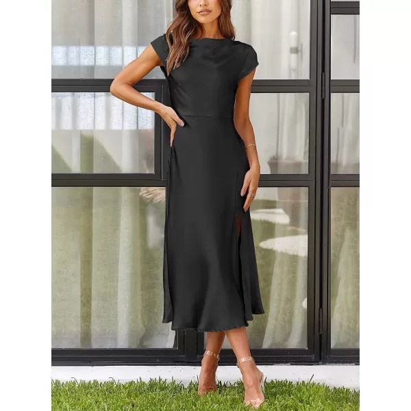 imageANRABESS Womens Summer Satin Dress Short Sleeves Elegant Bodycon Cocktail Formal Midi DressBlack