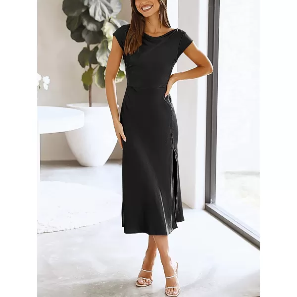 imageANRABESS Womens Summer Satin Dress Short Sleeves Elegant Bodycon Cocktail Formal Midi DressBlack