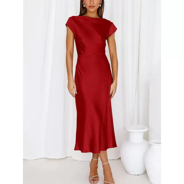 imageANRABESS Womens Summer Satin Dress Short Sleeves Elegant Bodycon Cocktail Formal Midi DressRed