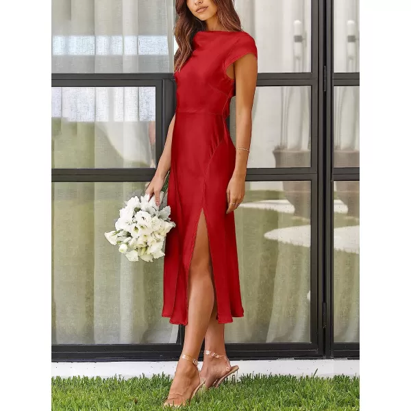 imageANRABESS Womens Summer Satin Dress Short Sleeves Elegant Bodycon Cocktail Formal Midi DressRed