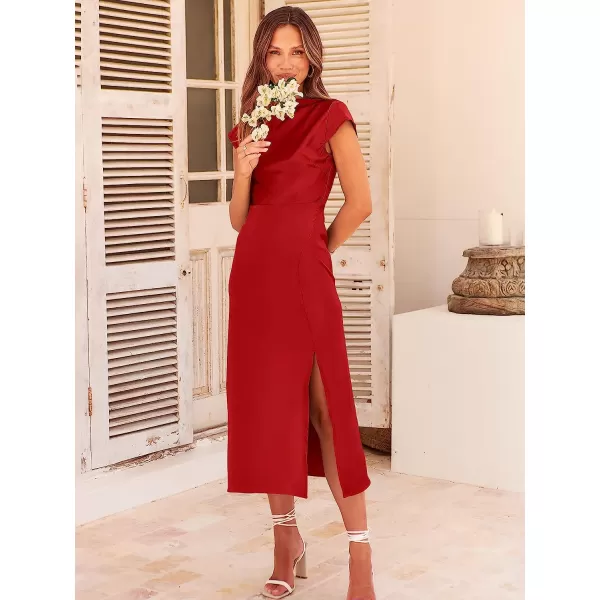 imageANRABESS Womens Summer Satin Dress Short Sleeves Elegant Bodycon Cocktail Formal Midi DressRed