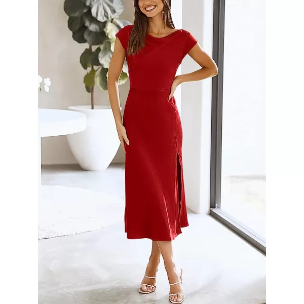imageANRABESS Womens Summer Satin Dress Short Sleeves Elegant Bodycon Cocktail Formal Midi DressRed