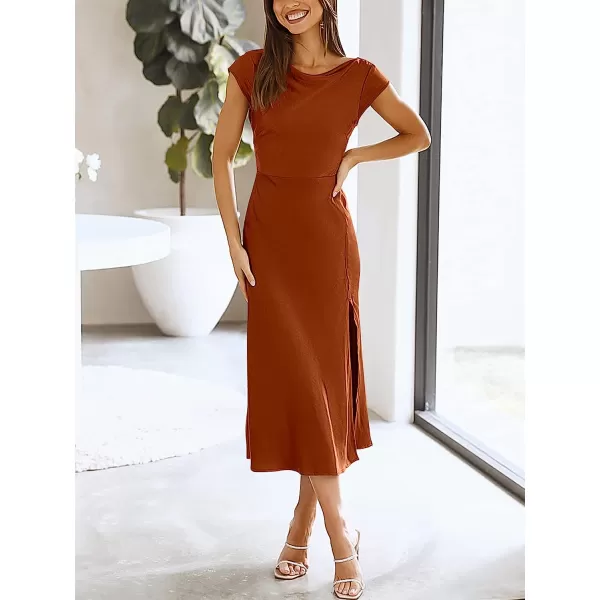 imageANRABESS Womens Summer Satin Dress Short Sleeves Elegant Bodycon Cocktail Formal Midi DressRust Red