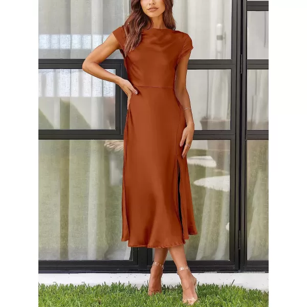 imageANRABESS Womens Summer Satin Dress Short Sleeves Elegant Bodycon Cocktail Formal Midi DressRust Red