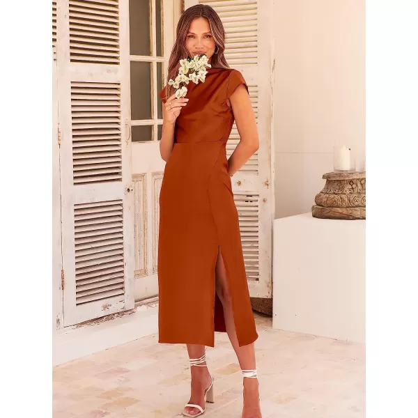 imageANRABESS Womens Summer Satin Dress Short Sleeves Elegant Bodycon Cocktail Formal Midi DressRust Red