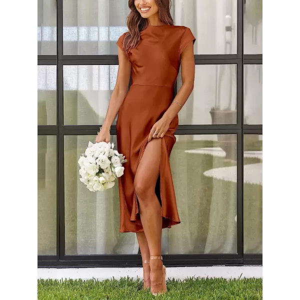 imageANRABESS Womens Summer Satin Dress Short Sleeves Elegant Bodycon Cocktail Formal Midi DressRust Red