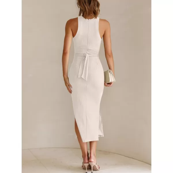 imageANRABESS Womens Summer Sexy Sleeveless Cut Out Slim Bodycon Dress Crisscross Twist Ruched Slit Ribbed Knit Midi DressApricot