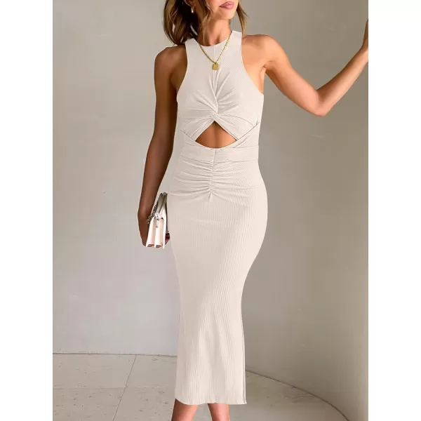 imageANRABESS Womens Summer Sexy Sleeveless Cut Out Slim Bodycon Dress Crisscross Twist Ruched Slit Ribbed Knit Midi DressApricot
