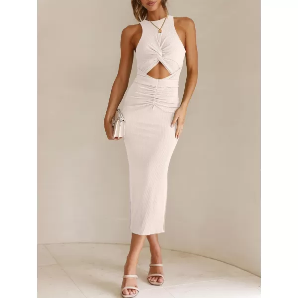 imageANRABESS Womens Summer Sexy Sleeveless Cut Out Slim Bodycon Dress Crisscross Twist Ruched Slit Ribbed Knit Midi DressApricot