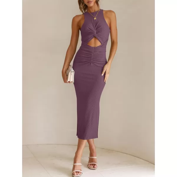 imageANRABESS Womens Summer Sexy Sleeveless Cut Out Slim Bodycon Dress Crisscross Twist Ruched Slit Ribbed Knit Midi DressDark Purple