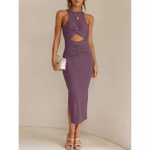 imageANRABESS Womens Summer Sexy Sleeveless Cut Out Slim Bodycon Dress Crisscross Twist Ruched Slit Ribbed Knit Midi DressDark Purple