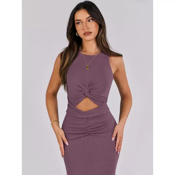 imageANRABESS Womens Summer Sexy Sleeveless Cut Out Slim Bodycon Dress Crisscross Twist Ruched Slit Ribbed Knit Midi DressDark Purple