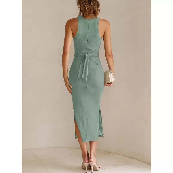 imageANRABESS Womens Summer Sexy Sleeveless Cut Out Slim Bodycon Dress Crisscross Twist Ruched Slit Ribbed Knit Midi DressGreen