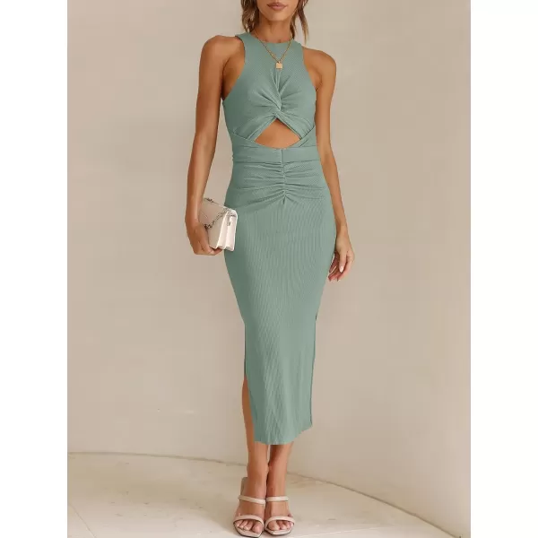 imageANRABESS Womens Summer Sexy Sleeveless Cut Out Slim Bodycon Dress Crisscross Twist Ruched Slit Ribbed Knit Midi DressGreen