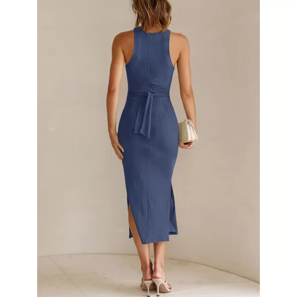 imageANRABESS Womens Summer Sexy Sleeveless Cut Out Slim Bodycon Dress Crisscross Twist Ruched Slit Ribbed Knit Midi DressNavy Blue