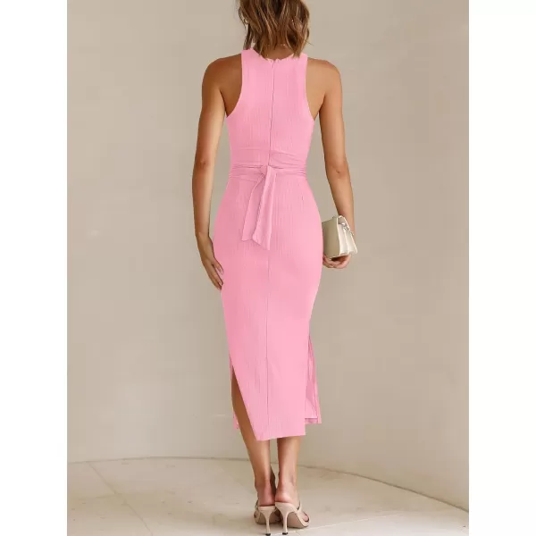 imageANRABESS Womens Summer Sexy Sleeveless Cut Out Slim Bodycon Dress Crisscross Twist Ruched Slit Ribbed Knit Midi DressPink