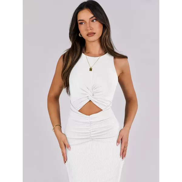 imageANRABESS Womens Summer Sexy Sleeveless Cut Out Slim Bodycon Dress Crisscross Twist Ruched Slit Ribbed Knit Midi DressWhite