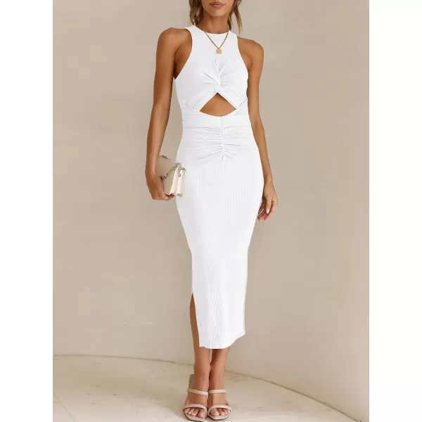 imageANRABESS Womens Summer Sexy Sleeveless Cut Out Slim Bodycon Dress Crisscross Twist Ruched Slit Ribbed Knit Midi DressWhite