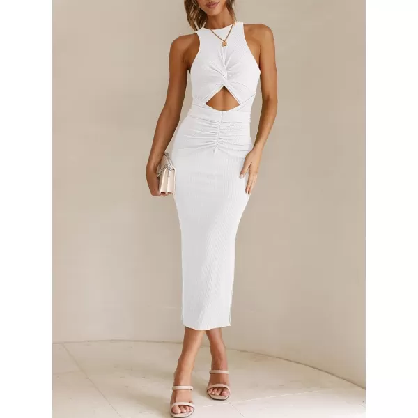 imageANRABESS Womens Summer Sexy Sleeveless Cut Out Slim Bodycon Dress Crisscross Twist Ruched Slit Ribbed Knit Midi DressWhite