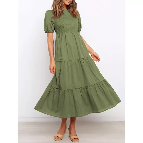 imageANRABESS Womens Summer Short Sleeve Crewneck Smocked Sundress Tiered Swing A Line Beach Midi Dress with PocketsArmy Green