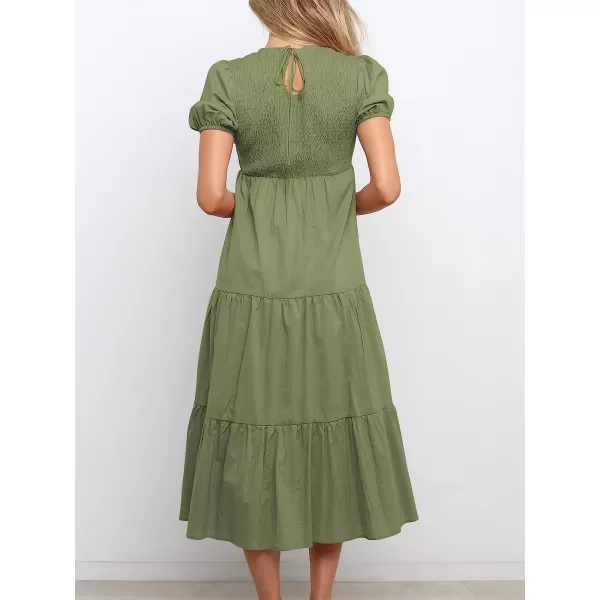 imageANRABESS Womens Summer Short Sleeve Crewneck Smocked Sundress Tiered Swing A Line Beach Midi Dress with PocketsArmy Green