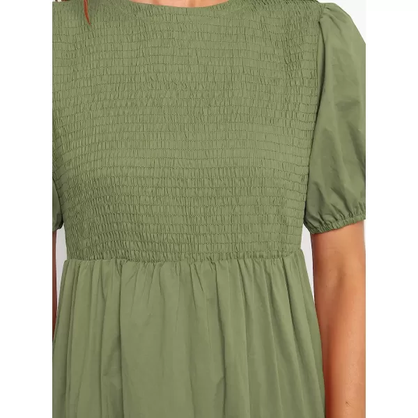 imageANRABESS Womens Summer Short Sleeve Crewneck Smocked Sundress Tiered Swing A Line Beach Midi Dress with PocketsArmy Green