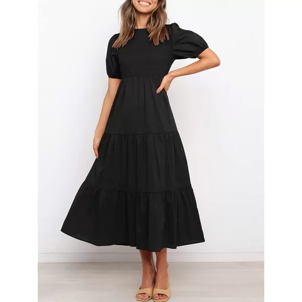 imageANRABESS Womens Summer Short Sleeve Crewneck Smocked Sundress Tiered Swing A Line Beach Midi Dress with PocketsBlack