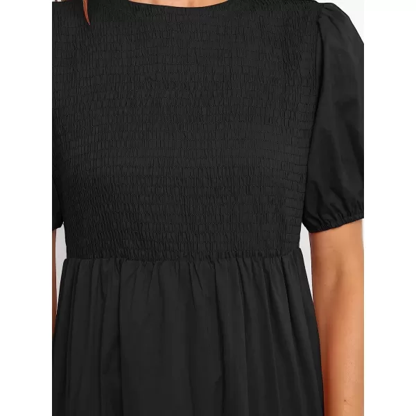 imageANRABESS Womens Summer Short Sleeve Crewneck Smocked Sundress Tiered Swing A Line Beach Midi Dress with PocketsBlack
