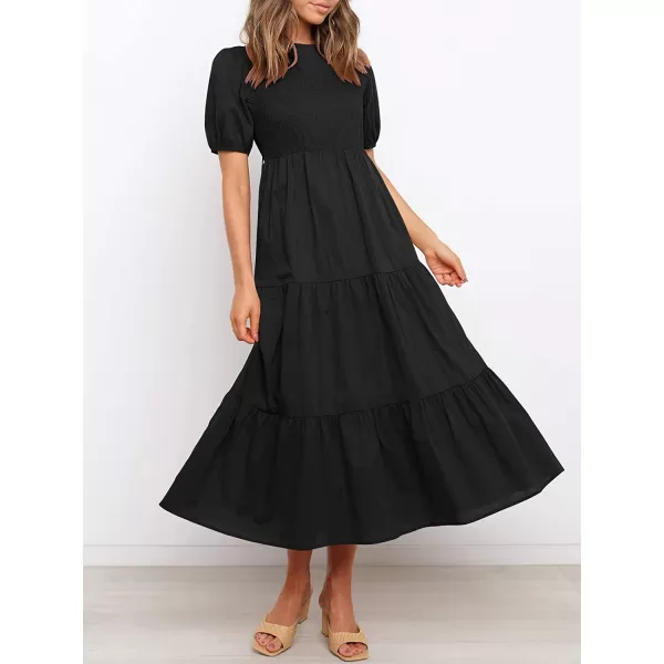 imageANRABESS Womens Summer Short Sleeve Crewneck Smocked Sundress Tiered Swing A Line Beach Midi Dress with PocketsBlack