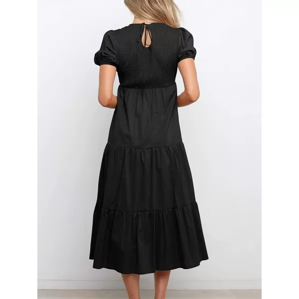 imageANRABESS Womens Summer Short Sleeve Crewneck Smocked Sundress Tiered Swing A Line Beach Midi Dress with PocketsBlack