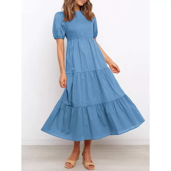 imageANRABESS Womens Summer Short Sleeve Crewneck Smocked Sundress Tiered Swing A Line Beach Midi Dress with PocketsBlue
