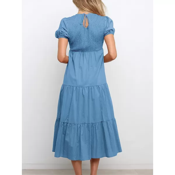imageANRABESS Womens Summer Short Sleeve Crewneck Smocked Sundress Tiered Swing A Line Beach Midi Dress with PocketsBlue