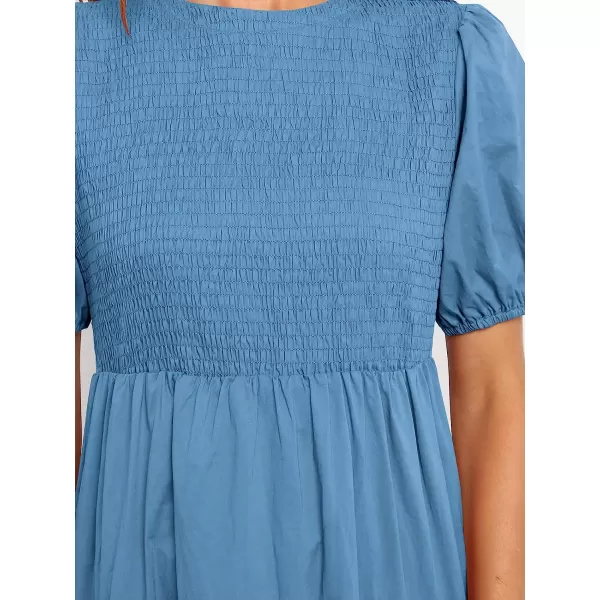 imageANRABESS Womens Summer Short Sleeve Crewneck Smocked Sundress Tiered Swing A Line Beach Midi Dress with PocketsBlue
