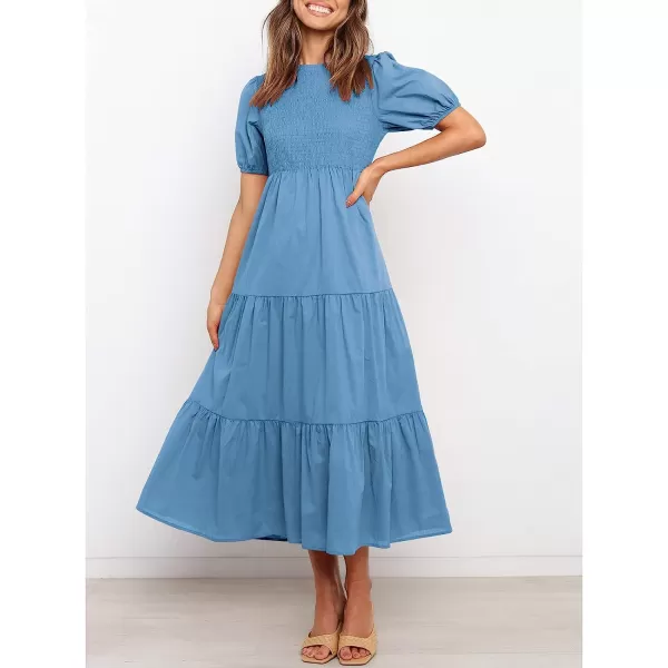 imageANRABESS Womens Summer Short Sleeve Crewneck Smocked Sundress Tiered Swing A Line Beach Midi Dress with PocketsBlue