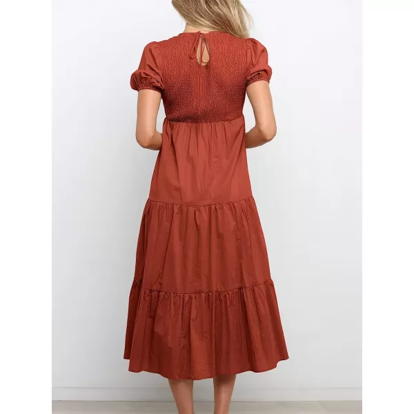 imageANRABESS Womens Summer Short Sleeve Crewneck Smocked Sundress Tiered Swing A Line Beach Midi Dress with PocketsBrick