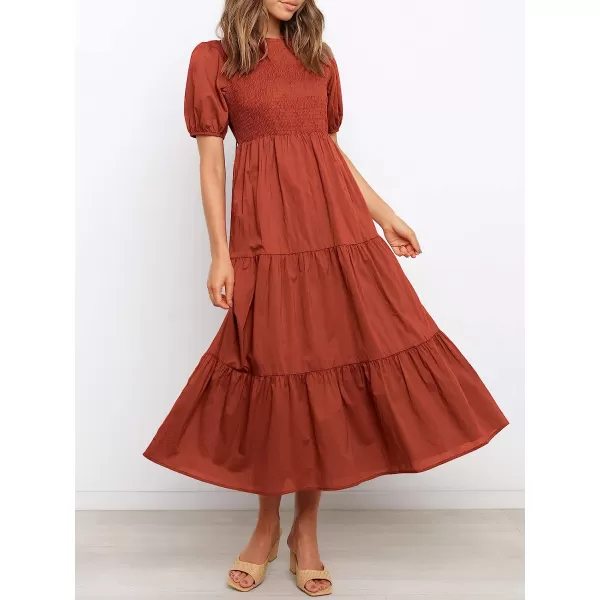 imageANRABESS Womens Summer Short Sleeve Crewneck Smocked Sundress Tiered Swing A Line Beach Midi Dress with PocketsBrick