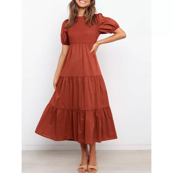 imageANRABESS Womens Summer Short Sleeve Crewneck Smocked Sundress Tiered Swing A Line Beach Midi Dress with PocketsBrick