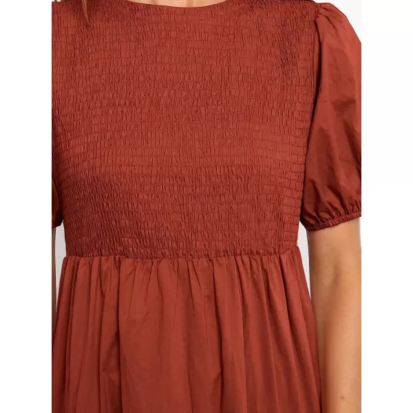 imageANRABESS Womens Summer Short Sleeve Crewneck Smocked Sundress Tiered Swing A Line Beach Midi Dress with PocketsBrick