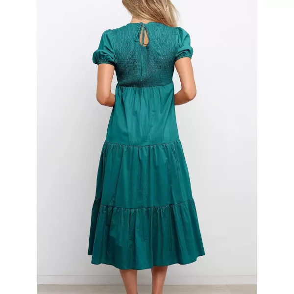 imageANRABESS Womens Summer Short Sleeve Crewneck Smocked Sundress Tiered Swing A Line Beach Midi Dress with PocketsCyan Blue