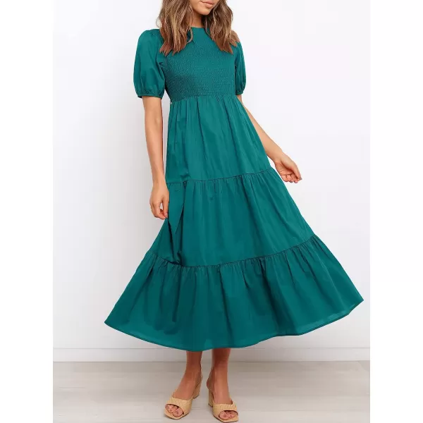 imageANRABESS Womens Summer Short Sleeve Crewneck Smocked Sundress Tiered Swing A Line Beach Midi Dress with PocketsCyan Blue