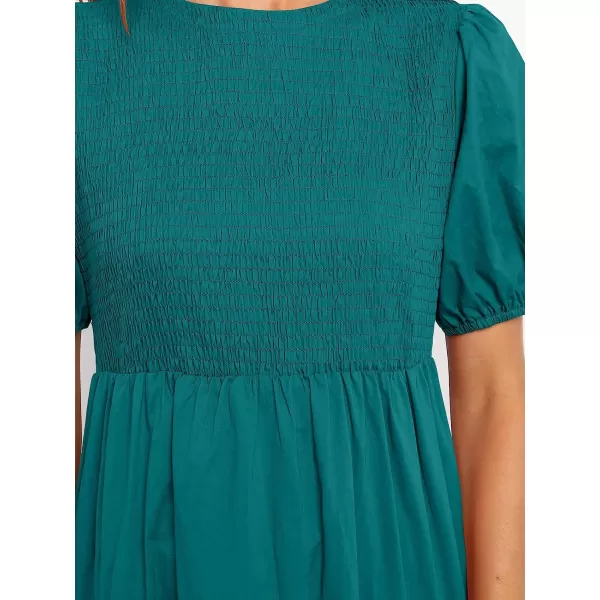 imageANRABESS Womens Summer Short Sleeve Crewneck Smocked Sundress Tiered Swing A Line Beach Midi Dress with PocketsCyan Blue