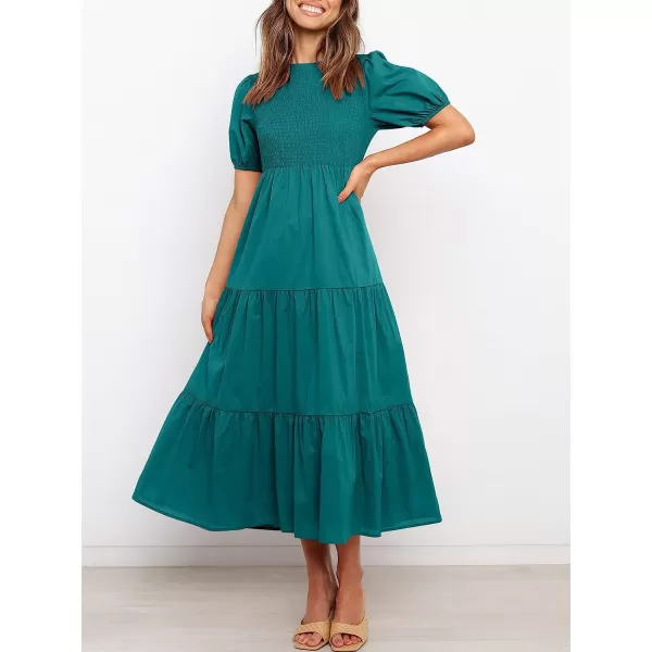 imageANRABESS Womens Summer Short Sleeve Crewneck Smocked Sundress Tiered Swing A Line Beach Midi Dress with PocketsCyan Blue